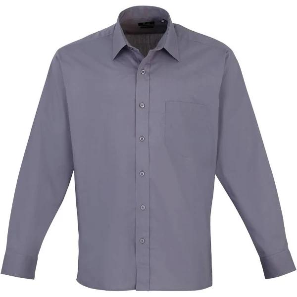 Premier Mens Long Sleeve Formal Plain Work Poplin Shirt Steel 19
