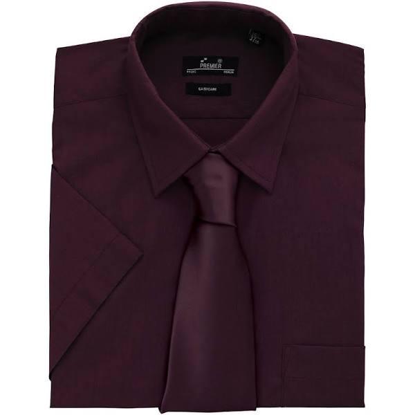 Premier Mens Short Sleeve Formal Poplin Plain Work Shirt Aubergine 15