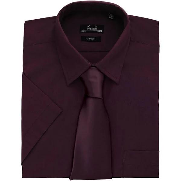 Premier Mens Short Sleeve Formal Poplin Plain Work Shirt Aubergine 18
