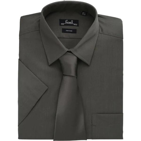 Premier Mens Short Sleeve Formal Poplin Plain Work Shirt Dark Grey 17