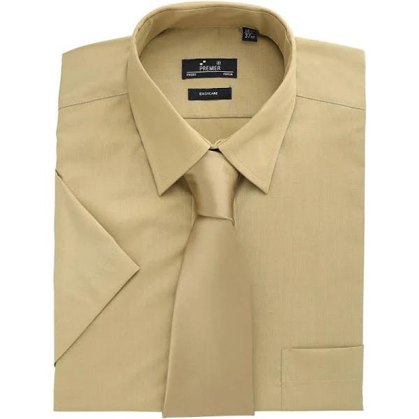 Premier Mens Short Sleeve Formal Poplin Plain Work Shirt Khaki 16.5