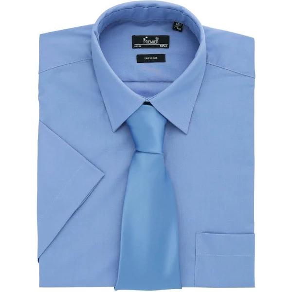 Premier Mens Short Sleeve Formal Poplin Plain Work Shirt Mid Blue 19