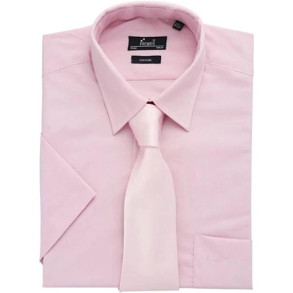 Premier Mens Short Sleeve Formal Poplin Plain Work Shirt Pink 18