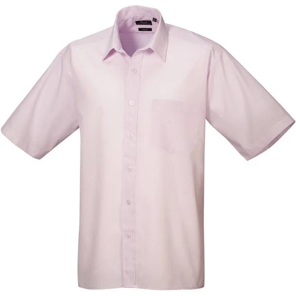 Premier Mens Short Sleeve Formal Poplin Plain Work Shirt Pink 19