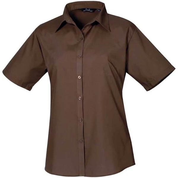 Premier Short Sleeve Poplin Blouse / Plain Work Shirt Brown 14