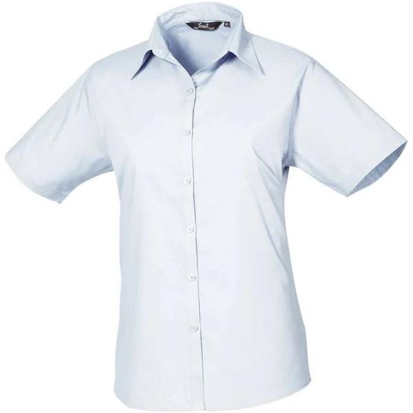Premier Short Sleeve Poplin Blouse / Plain Work Shirt Light Blue 14