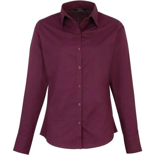 Premier Womens/Ladies Poplin Long Sleeve Blouse / Plain Work Shirt Aubergine 10