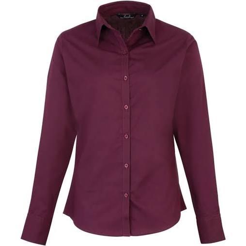 Premier Womens/Ladies Poplin Long Sleeve Blouse / Plain Work Shirt Aubergine Work Shirt