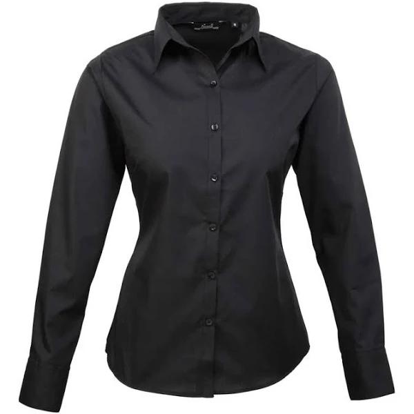 Premier Womens/Ladies Poplin Long Sleeve Blouse / Plain Work Shirt Black 16