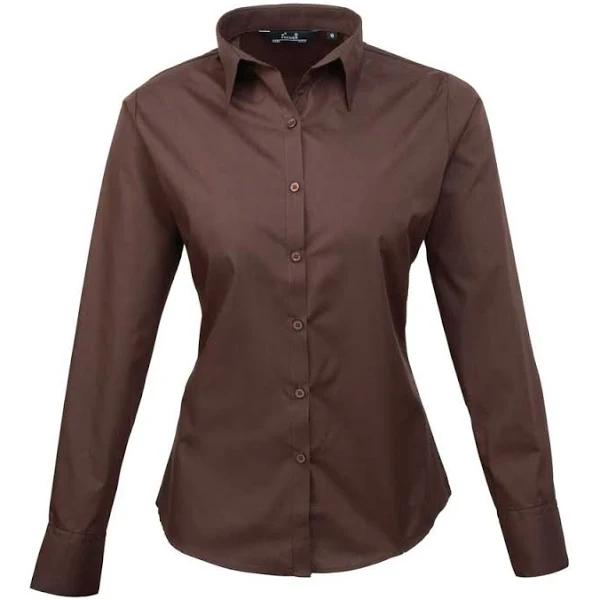 Premier Womens/Ladies Poplin Long Sleeve Blouse / Plain Work Shirt Brown 16