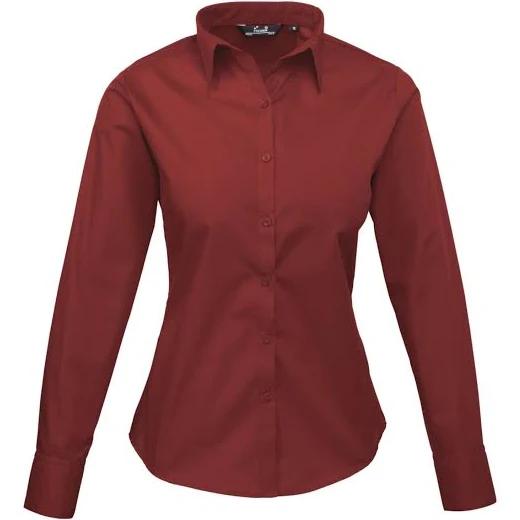 Premier Womens/Ladies Poplin Long Sleeve Blouse / Plain Work Shirt Burgundy 14