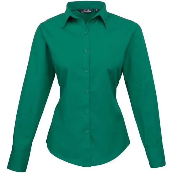 Premier Womens/Ladies Poplin Long Sleeve Blouse / Plain Work Shirt Emerald Work Shirt