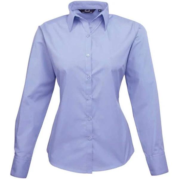 Premier Womens/Ladies Poplin Long Sleeve Blouse / Plain Work Shirt Mid Blue 10