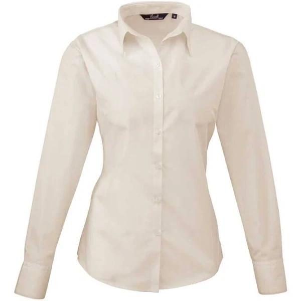 Premier Womens/Ladies Poplin Long Sleeve Blouse / Plain Work Shirt Natural 6