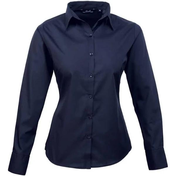 Premier Womens/Ladies Poplin Long Sleeve Blouse / Plain Work Shirt Navy 22