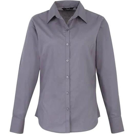 Premier Womens/Ladies Poplin Long Sleeve Blouse / Plain Work Shirt Steel 30