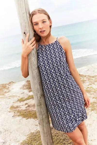 Prussian Blue, Tranquil Geo Racer Neck Jersey Mini Dress Women Boden