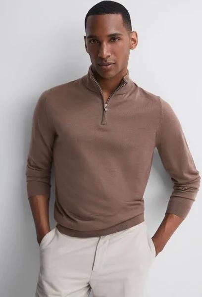 Reiss Blackhall - Brown Sugar Merino Wool Zip Neck Jumper, L