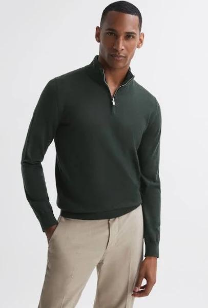 Reiss Blackhall - Forest Merino Wool Zip Neck Jumper, M