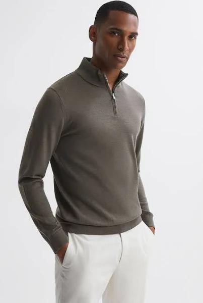 Reiss Blackhall - Mushroom Merino Wool Zip Neck Jumper, XXL