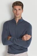 Reiss Blackhall - Steel Blue Merino Wool Zip Neck Jumper, S