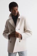Reiss Wind - Ivory Shearling Mid Length Pea Coat, XXL