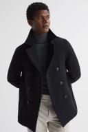 Reiss Wind - Navy Shearling Mid Length Pea Coat, L