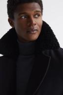 Reiss Wind - Navy Shearling Mid Length Pea Coat, XL