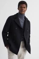 Reiss Wind - Navy Shearling Mid Length Pea Coat, XS