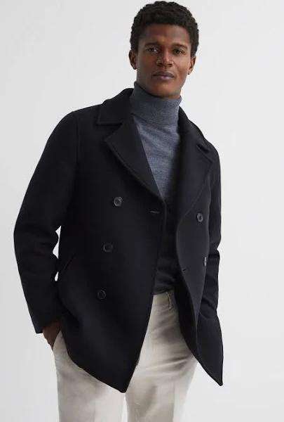Reiss Wind - Navy Shearling Mid Length Pea Coat, XS