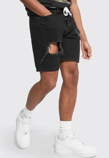 Relaxed Fit Distressed Denim Short With Belt