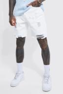 Relaxed Fit Rigid Multi Rip Denim Shorts