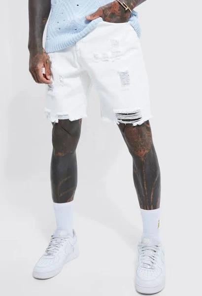 Relaxed Fit Rigid Multi Rip Denim Shorts