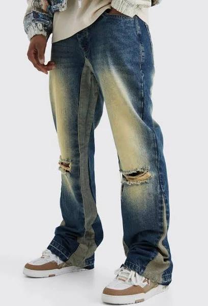 Relaxed Rigid Gusset Flare Washed Ripped Jeans