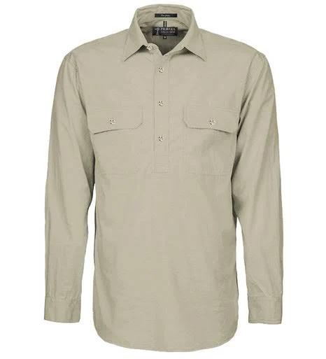 Ritemate Mens Closed Front Long Sleeve Shirt - 10 Colours, M / Stone