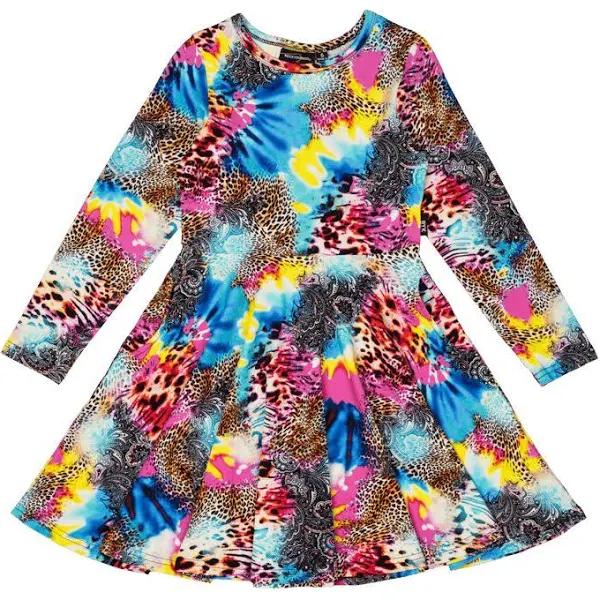 Rock Your Baby Abstract Leopard Long Sleeve Waisted Dress in Multi 10