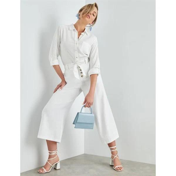 Rockmans Ankle Length Button Trim Linen Blend Pants White - 16