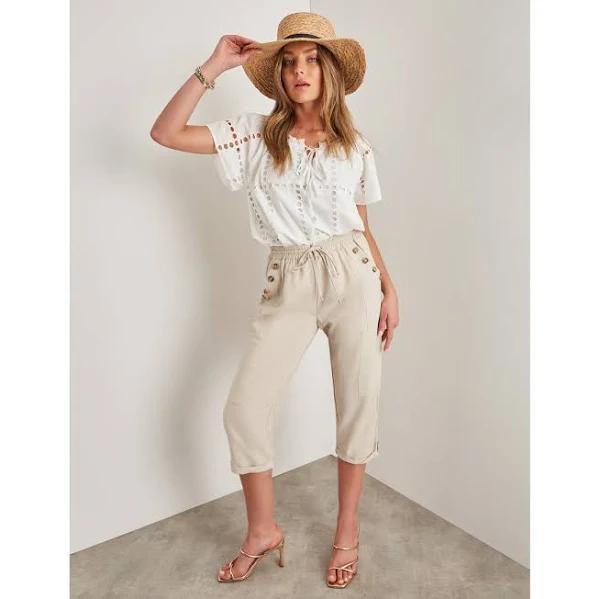 Rockmans Crop Linen Button Pants