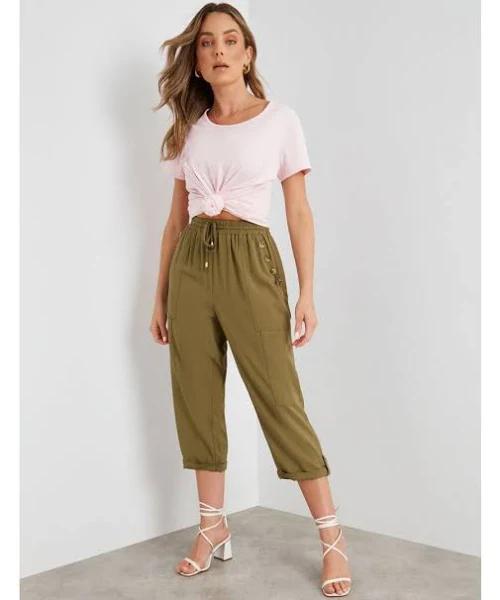 Rockmans Crop Linen Button Pants