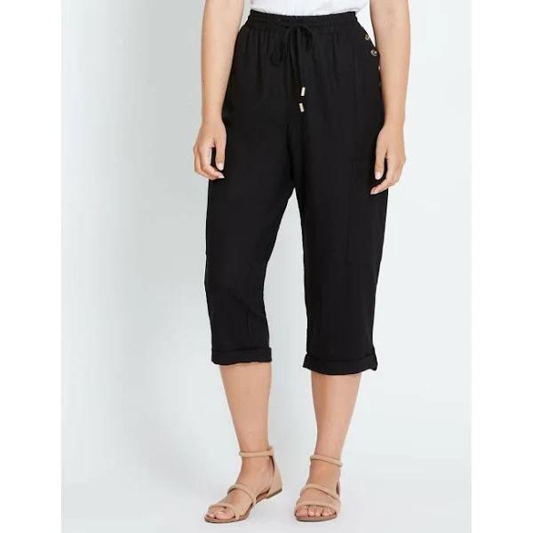 Rockmans Crop Linen Button Pants Black - 10