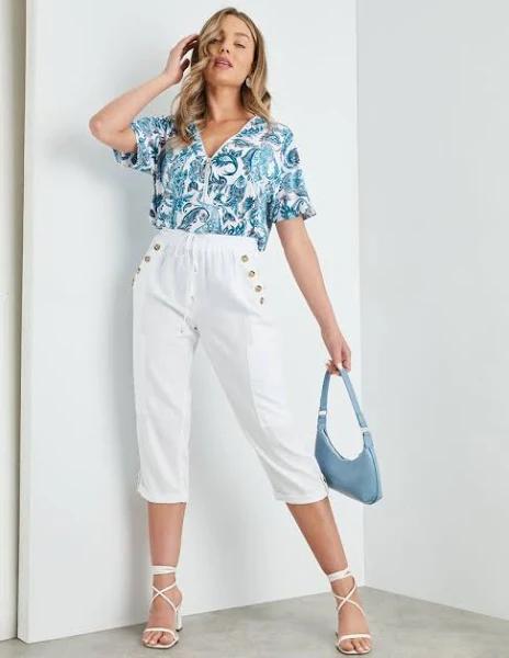 Rockmans Crop Linen Button Pants - EOFY Sale