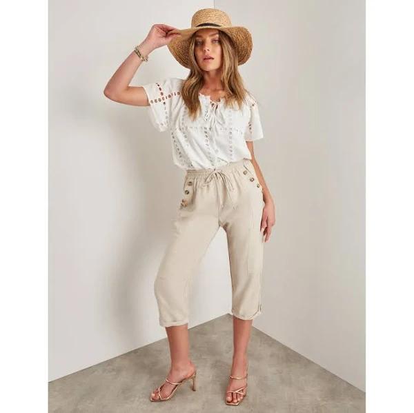 Rockmans Crop Linen Button Pants - Mother's Day Sale 2023