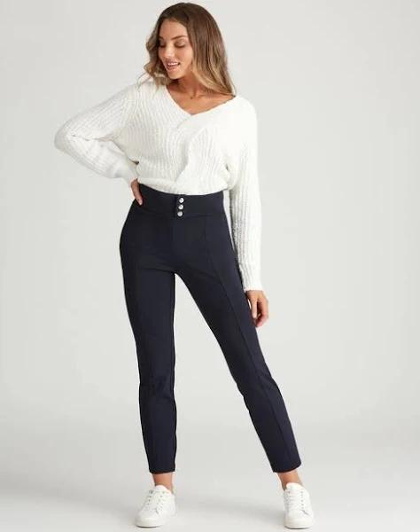 Rockmans Full Length Wide Waistband Ponte Pant - Navy - Womens Trousers - Size 24 - Ezibuy