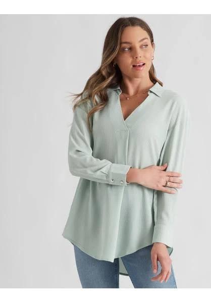 Rockmans Long Sleeve Collar V Neck Tunic Woven Top Green - 18