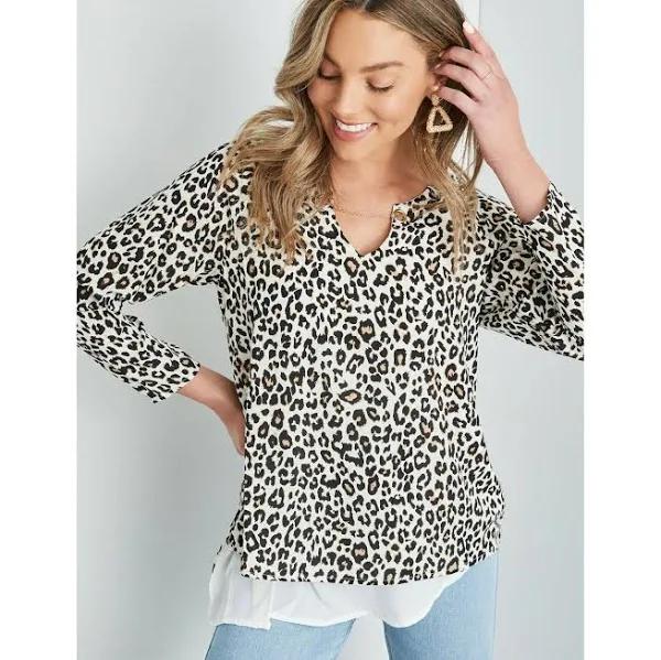 Rockmans Long Sleeve Double Layer Chain Neck Woven Top