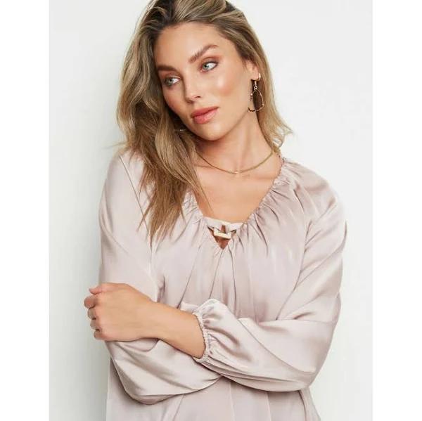 Rockmans Long Sleeve Neck Detail Floaty Top Mink - 20