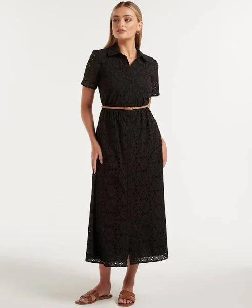Sabrina Embroidered Shirt Dress in Black, Size 10 | Cotton