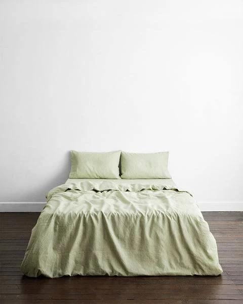 Sage & Olive Stripe 100% French Flax Linen Bedding Set - King - Bed Threads