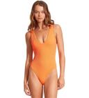 Seafolly Womens Deep V Neck One Piece Swimsuit Light Blue/ Light Blue