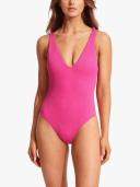 Seafolly Womens Deep V Neck One Piece Swimsuit Light Blue/ Light Blue
